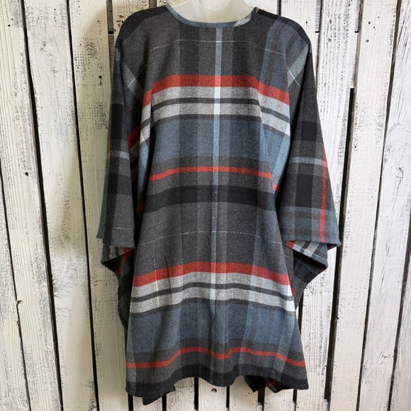 Merona Plaid Open Front Blanket Poncho Cape Women S/M Wool Blend Snap Sides Fall - Picture 4 of 13